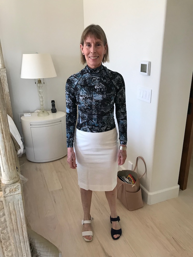 navy blue printed long sleeve top, navy blue printed turtleneck, white skirt, white heel sandals, gabor navy blue suede heel sandals