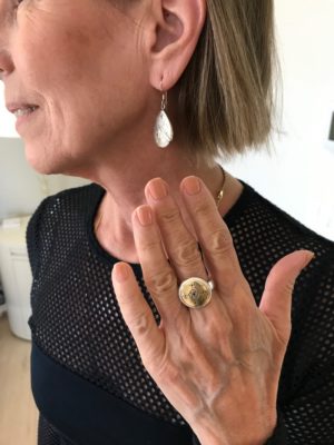 silver teardrop drop earrings, silver and gold ring