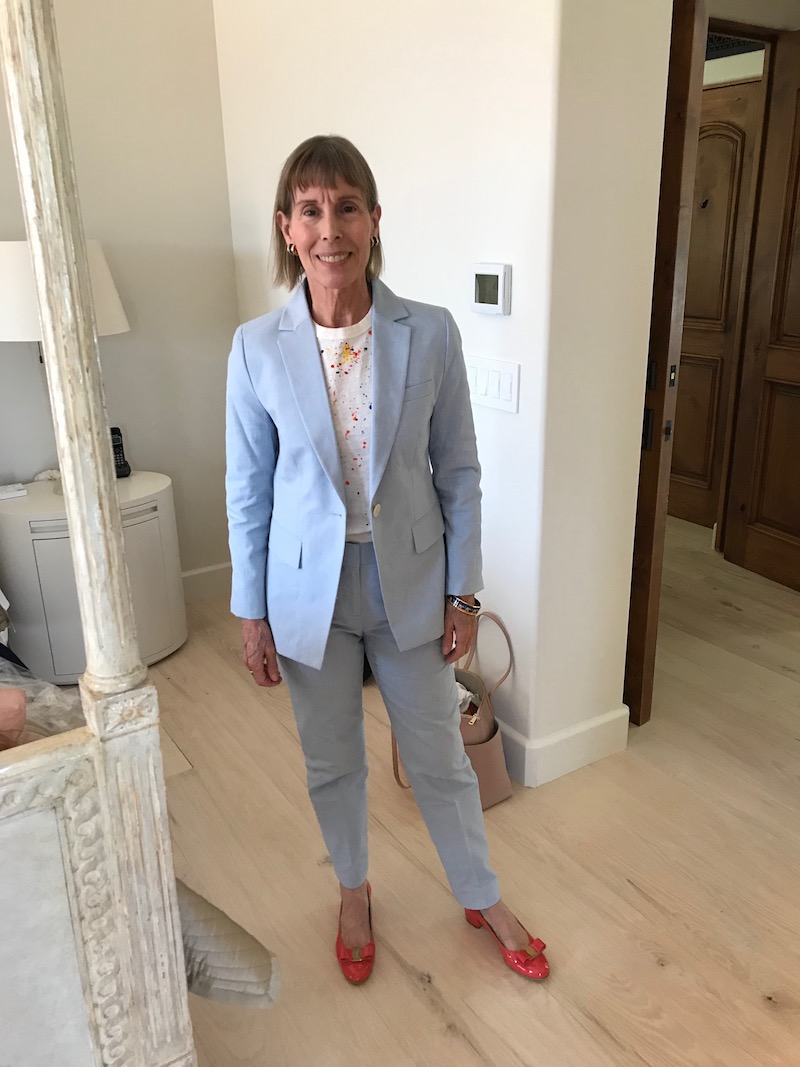 crewcut white printed tee, crewcut white printed crew neck tee, crewcut white multi-color splatter paint printed tee, light blue blazer, light blue slacks, light blue pants, catherine stout salvatore ferragamo coral round toe flats
