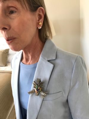 gold and silver ball stud earrings, multi-color stone broach