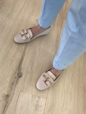 salvatore ferragamo nude gold buckle detail flats