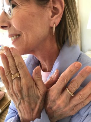 gold and crystal hoop earrings, gold and crystal crossover rings