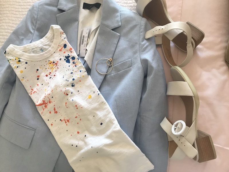 crewcut white printed tee, crewcut white printed crew neck tee, crewcut white multi-color splatter paint printed tee, light blue blazer, light blue slacks, light blue pants, white heel sandals