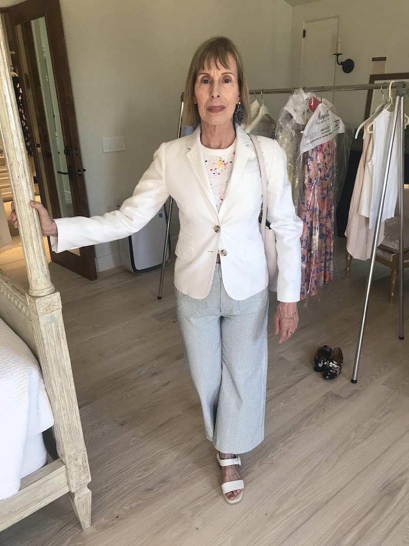 crwecut white printed tee, crewcut white printed crew neck tee, crewcut white multi-color splatter paint print tee, point sur white and navy blue striped pants, point sur striped wide leg pants, white heel sandals, j.crew white blazer