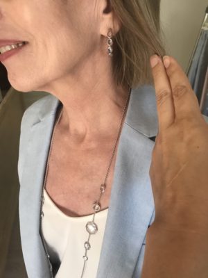 silver and clear crystal drop earrings, silver and clear crystal necklace