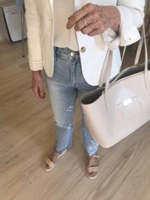 nude tote bag, tan sandals