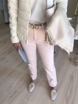 nude belt, nude gold buckle flats, nude scarf