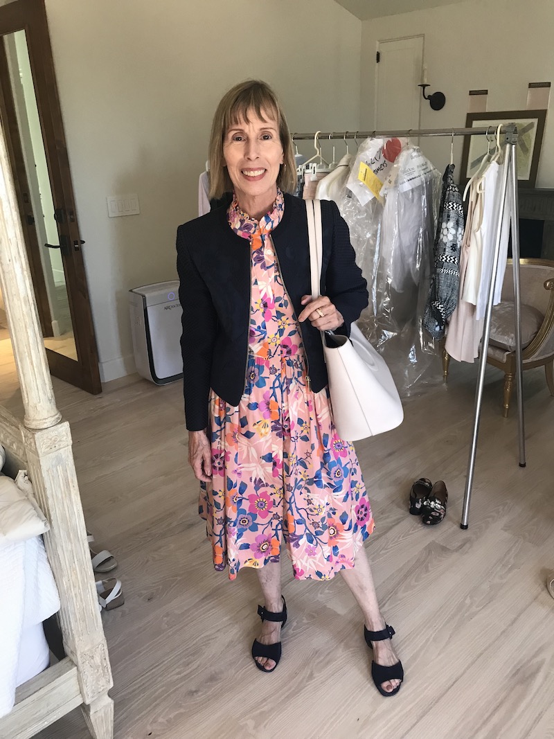 pink multi-color print dress, pink multi-color print button up dress, navy blue blazer, nude tote bag, navy blue heel sandals