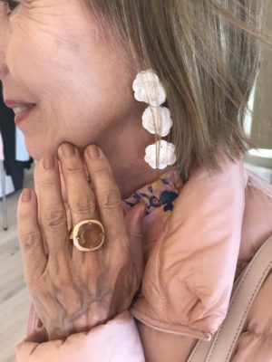 white floral drop earrings, large statement ring