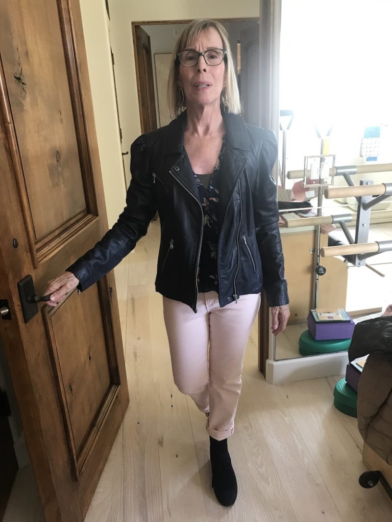 Black floral top, light pink jeans, Rebecca Taylor black leather jacket, black booties