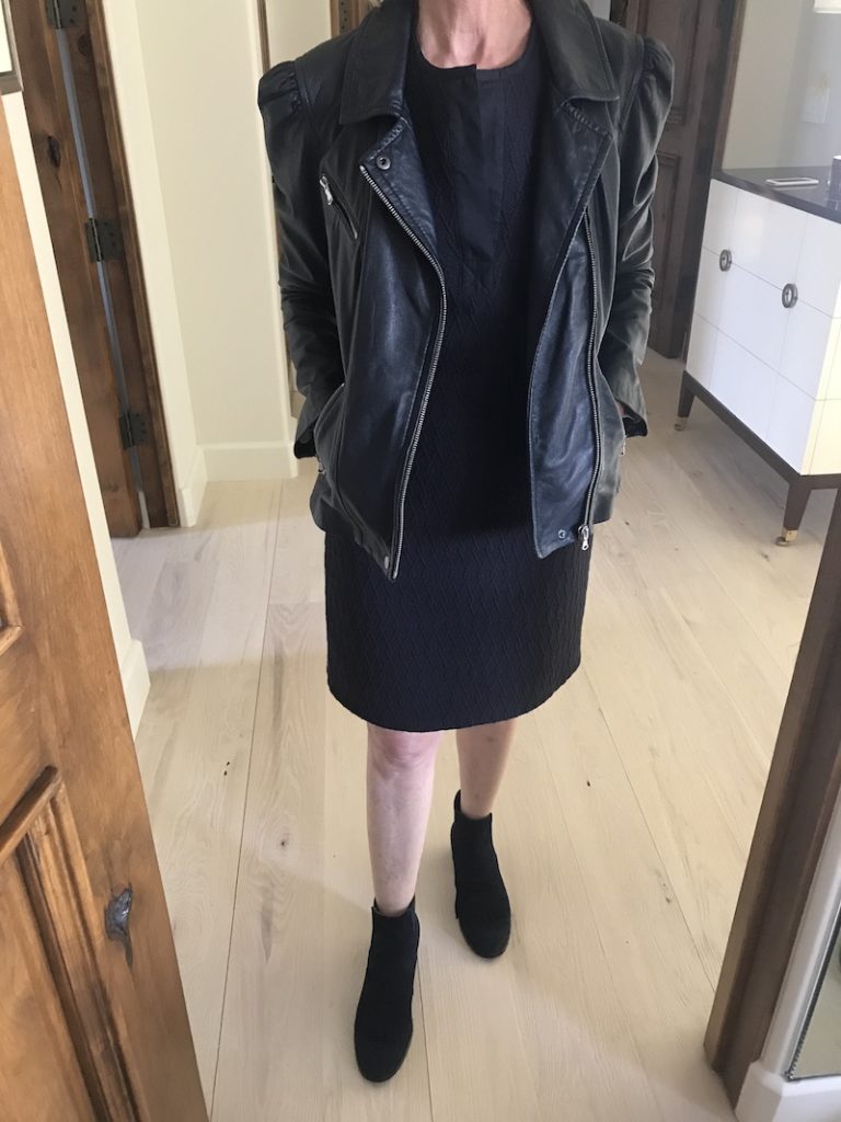 black textured dress, Rebecca Taylor black leather jacket