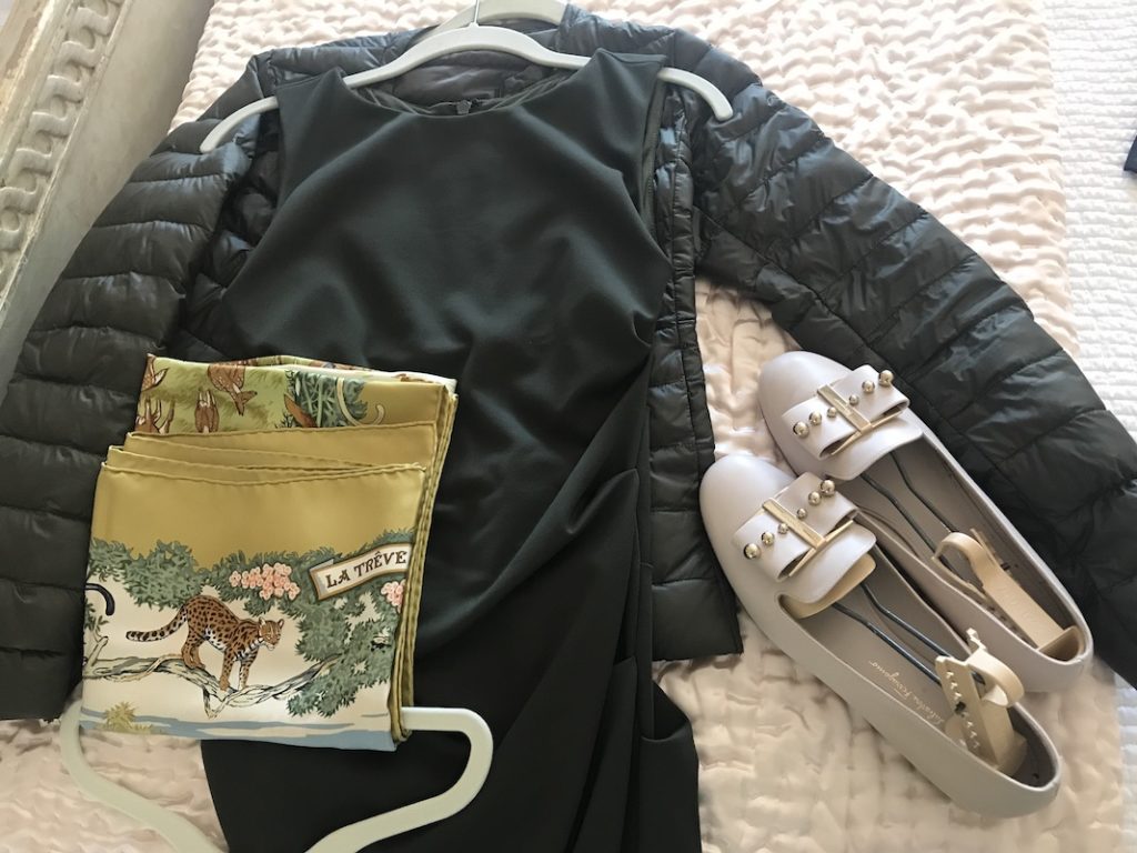 Nicole Miller black sheath dress, cheetah scarf, Salvatore Ferragamo grey flats, Uni Glo black puffer jacket