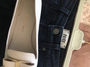 Paige dark blue jeans, Ferragamo grey flats