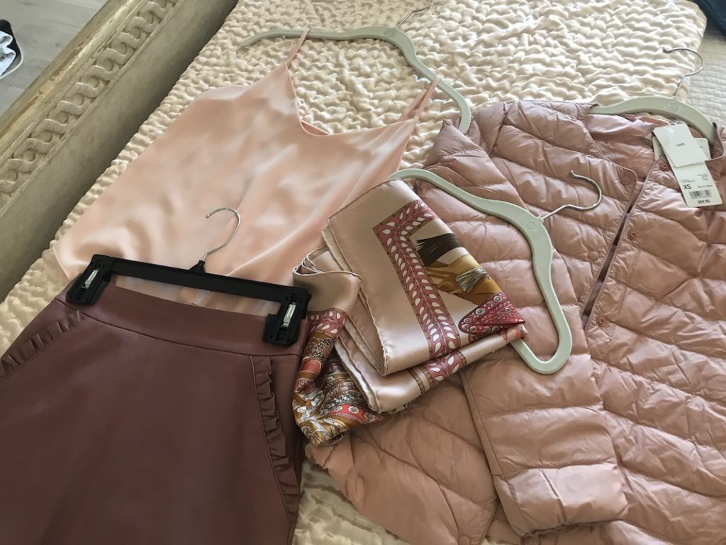 light pink camisole, Kate Spade pink leather skirt, Uni Glo pink puffer jacket, pink printed scarf