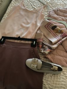 light pink camisole, Kate Spade pink leather skirt, Uni Glo pink puffer jacket, pink printed scarf