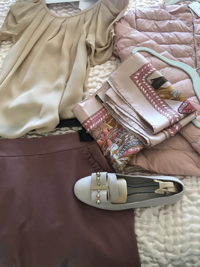 cream ruched top, Kate Spade pink leather skirt, pink printed scarf, Ferragamo gray flats, Uni Glo Pink Puffer Jacket