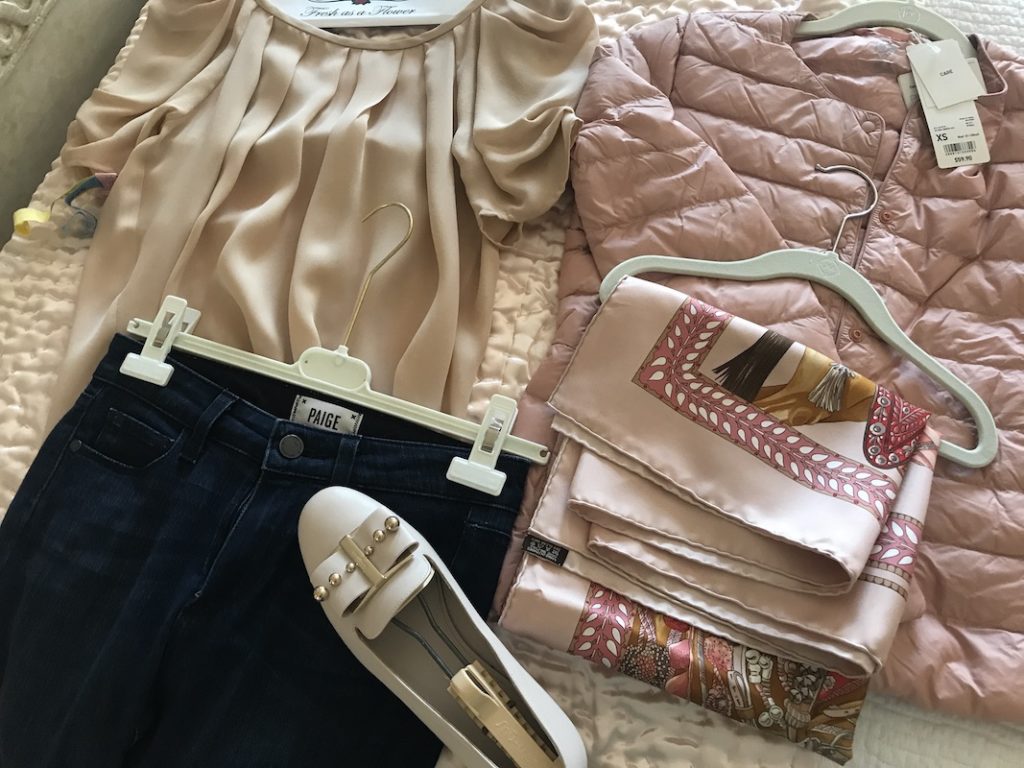cream ruched top, Paige dark blue jeans, Ferragamo gray flats, pink printed scarf, Uni Glo pink puffer jacket