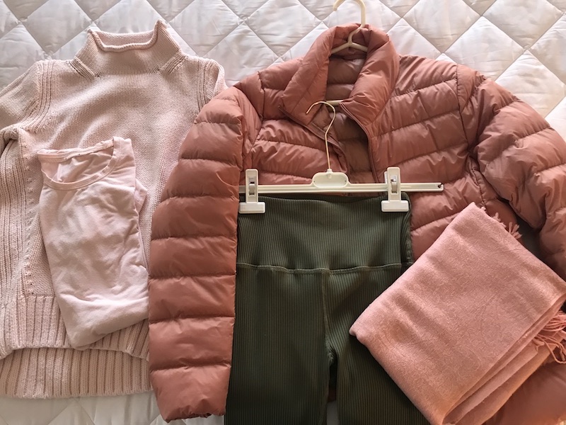 J crew pink sweater, Carbon38 olive green tights, pink scarf, UNIQLO pink puffer jacket, light pink t-shirt