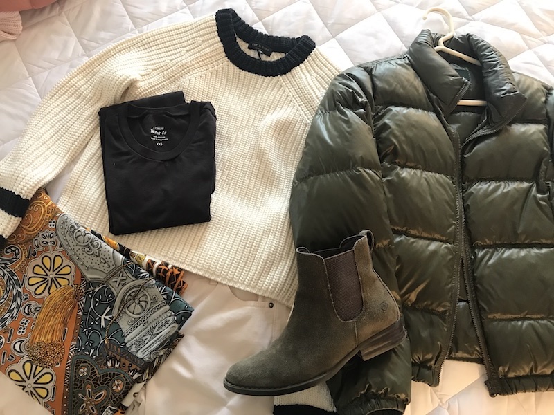 Rag & Bone white sweater with black trim, j crew black t-shirt, j. crew olive green puffer jacket,  gold and blue printed scarf, Adriano Goldschmied"Jeans