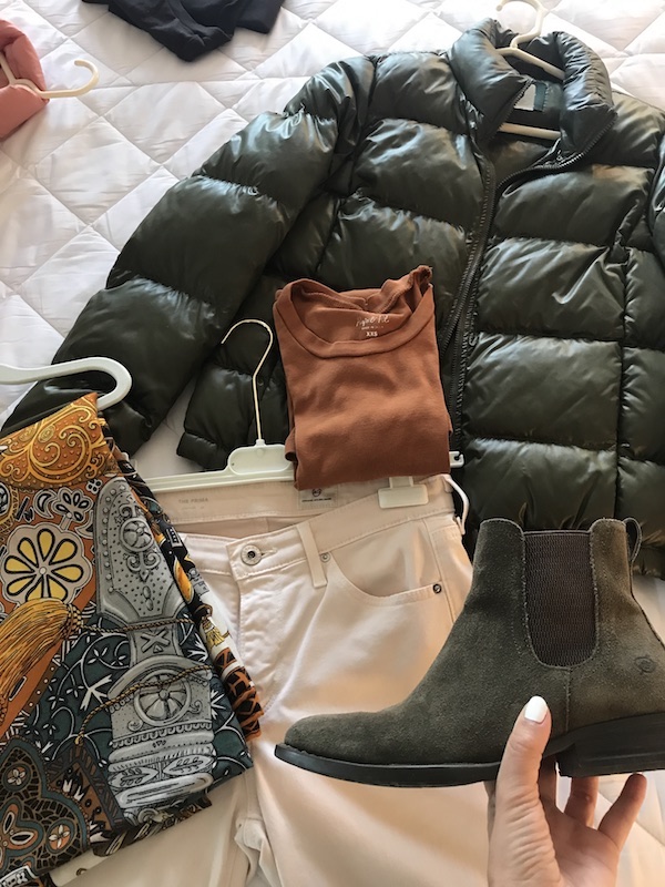 Jcrew brown tshirt, Adriano Goldschmied white jeans, J crew olive green puffer jacket, Born dark green boots, multicolor printed scarf, 