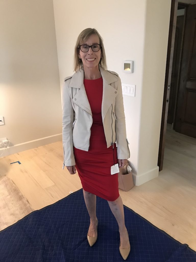 Nicole Miller red dress, cream leather jacket, beige heels