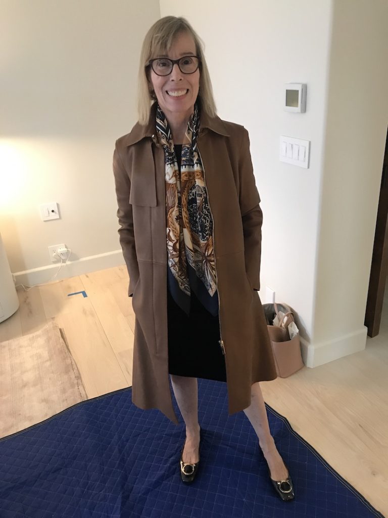 Nicole Miller navy blue dress, Boss brown coat, multicolor scarf, navy and gold shoes