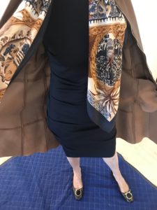 Nicole Miller navy blue dress, multi color printed scarf, blue and gold shoes, Boss brown coat