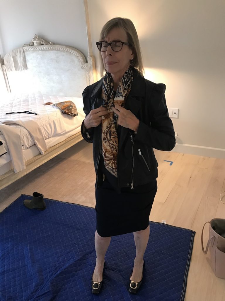 Nicole miller navy blue dress, Rebecca Taylor black leather jacket