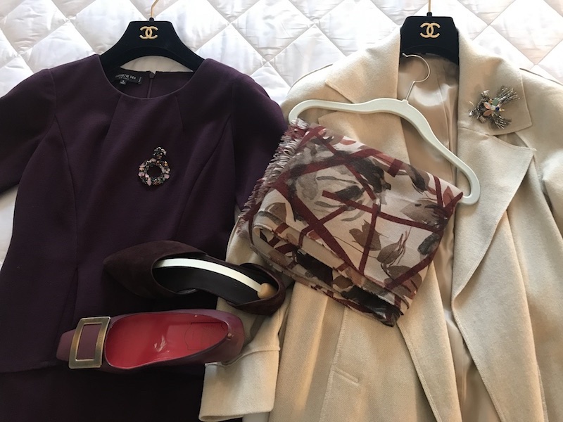 Lafayette 148 purple dress, Worth beige coat, purple shoes with gold buckle, VInce dark purple heels