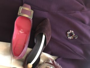 Vince dark purple heels, purple shoes with gold buckle, brooch