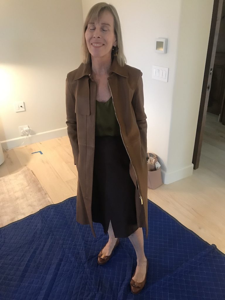 Olive green top, burgundy skirt, Boss brown coat, brown and gold flats