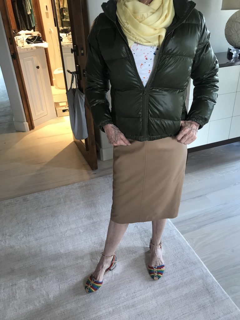 Crew Club white paint splatter t-shirt, Hugo Boss tan leather skirt, J.Crew olive green puffer jacket, yellow scarf,  Charlotte Olympia multi color shoes