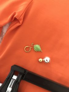 green gemstone drop earrings, gold and silver ball earrings