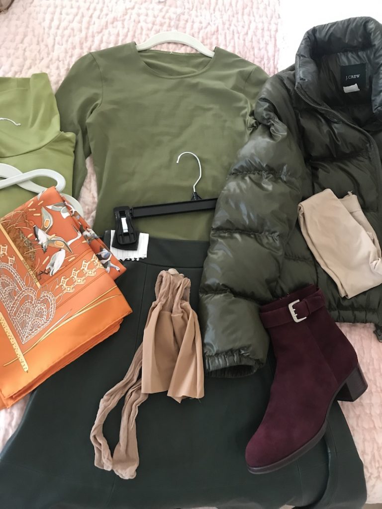 sage green long sleeve t-shirt, Kate Spade olive green leather skirt, J crew olive green puffer coat, Carbon nude leggings, orange printed scarf, wine colored boots