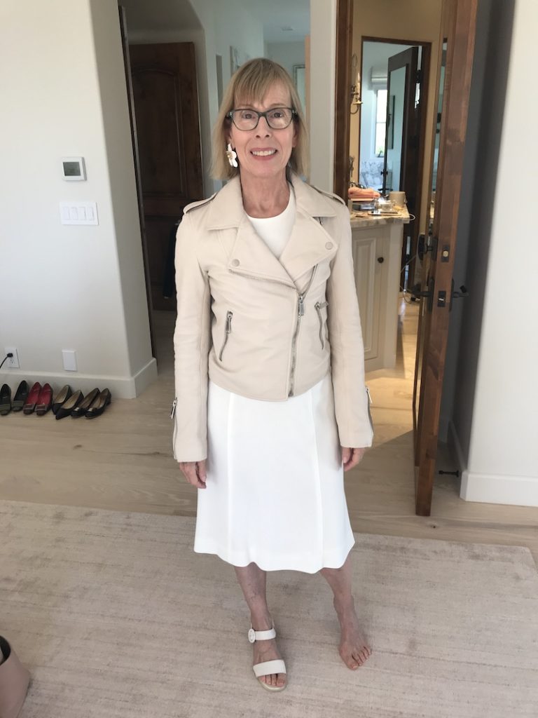 white dress, LTH JKT cream leather moto jacket, white sandals