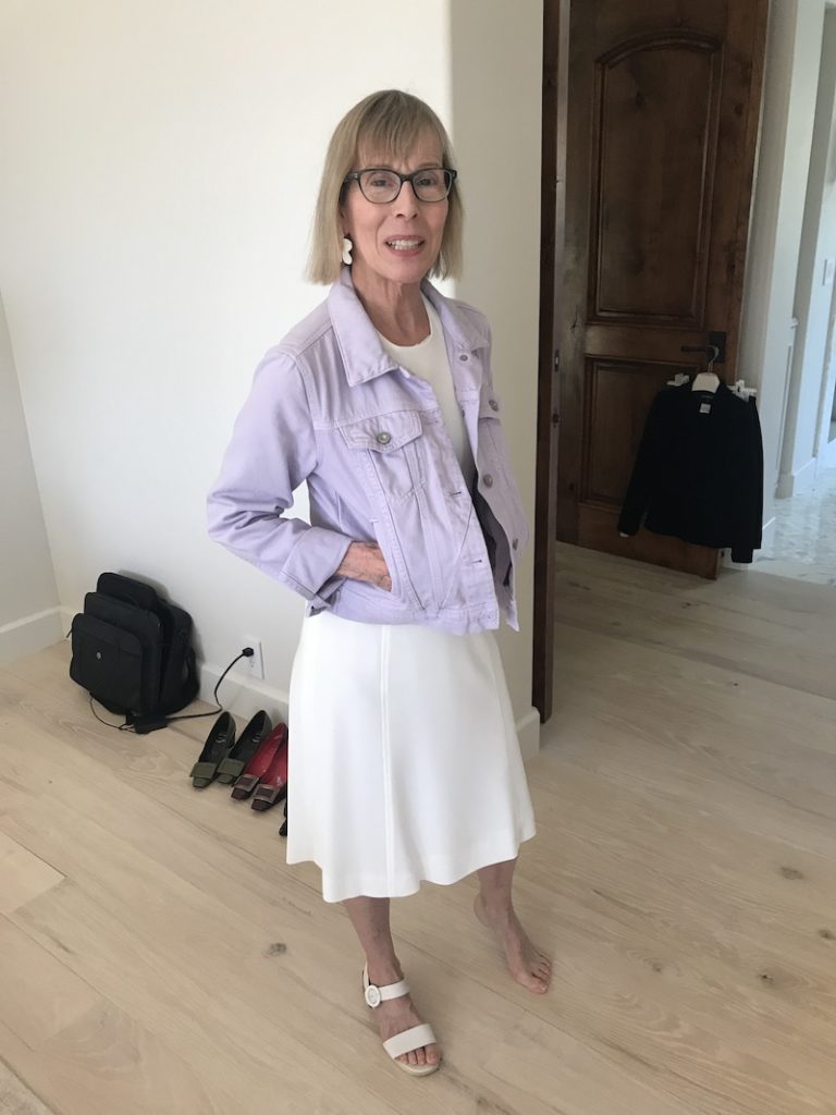 white dress, white sandals, purple denim jacket