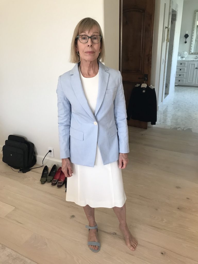 J. Crew light blue blazer, white dress, gray sandals