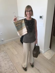 Bergdorf Goodman dark gray blouse, cream dress pants, olive green square toe flats, cream printed scarf, brown purse