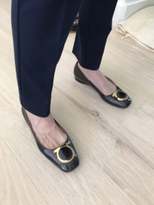 navy blue and gold flats