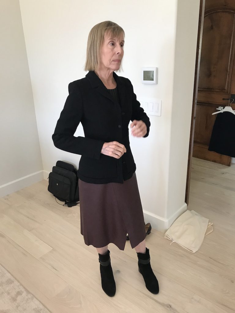 Bailey44 black top, Emerson Rose brown leather skirt, Via Spiga black boots, Chanel black blazer