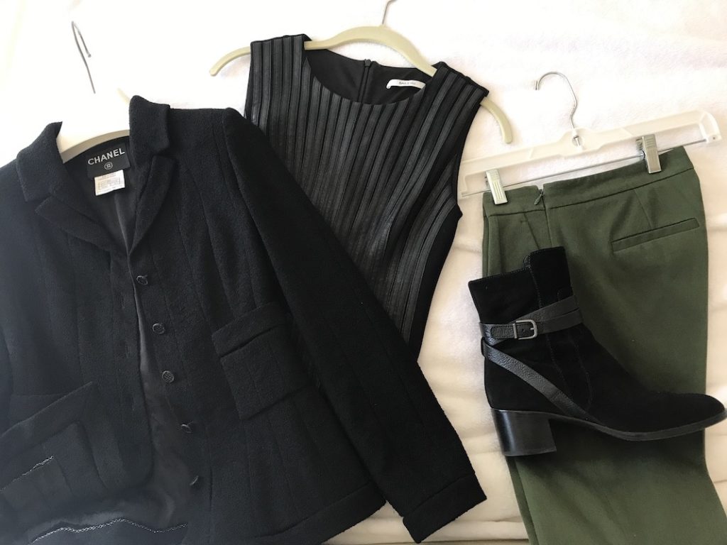 Bailey44 ribbed black top, J crew olive green pants, Chanel black blazer, Via Spiga black boots