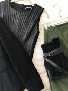 Bailey44 ribbed black sleeveless top, J crew olive green pants, Via Spiga black boots