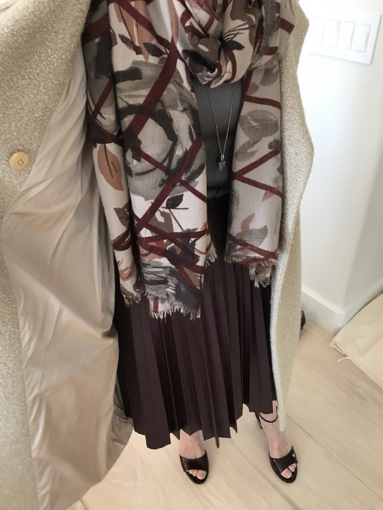 grey top, j crew brown pleated skirt, cream coat, brown and grey printed scarf