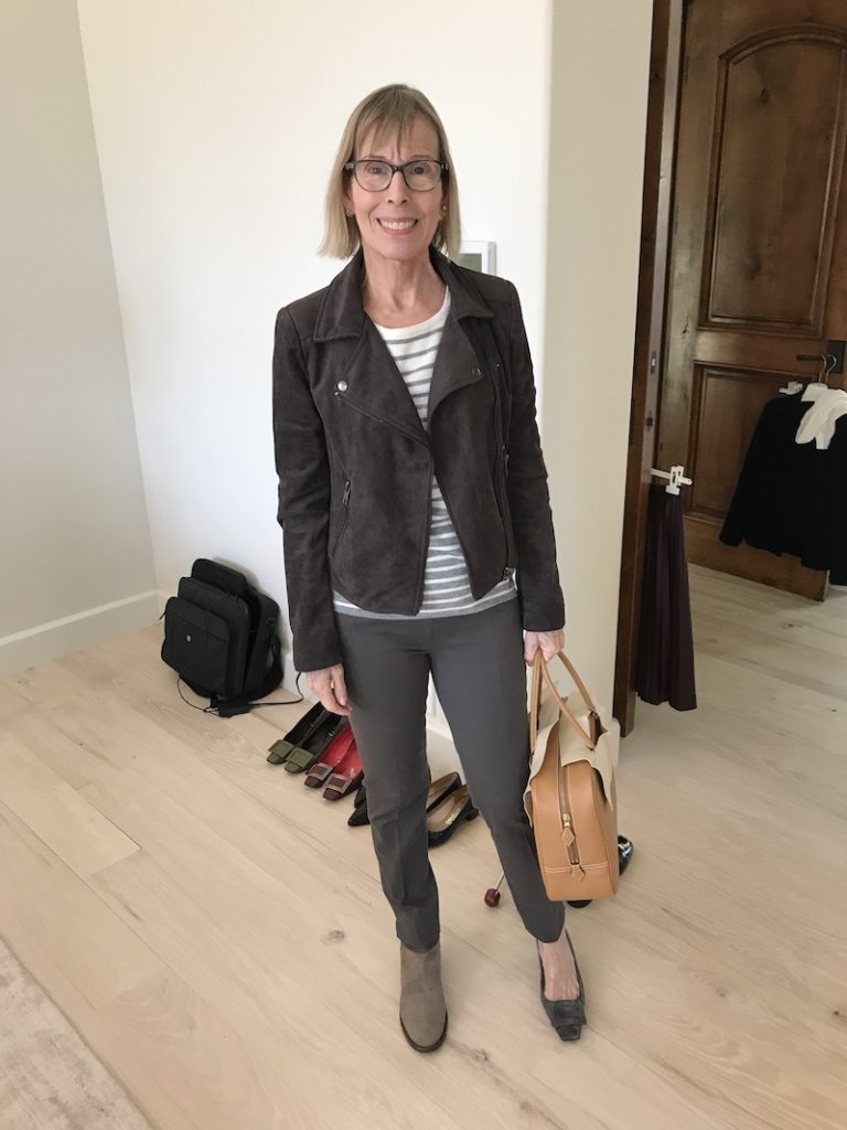 Vince Camuto grey and white striped shirt, J crew grey pants, taupe suede boots, ASTR dark grey suede jacket, dark grey suede square toe heels