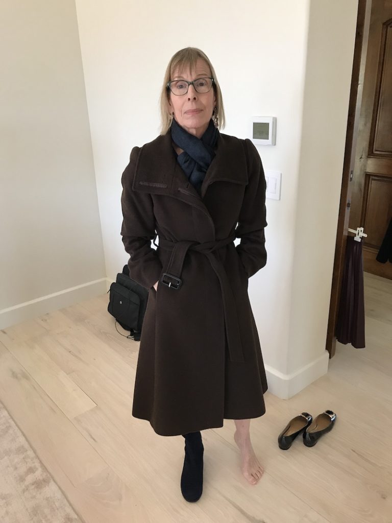 DVF navy blue dress, Burberry brown trench coat, blue scarf, navy blue boots