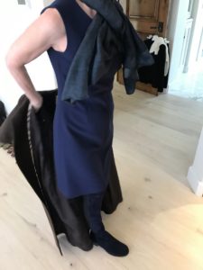 DVF blue dress, navy blue scarf