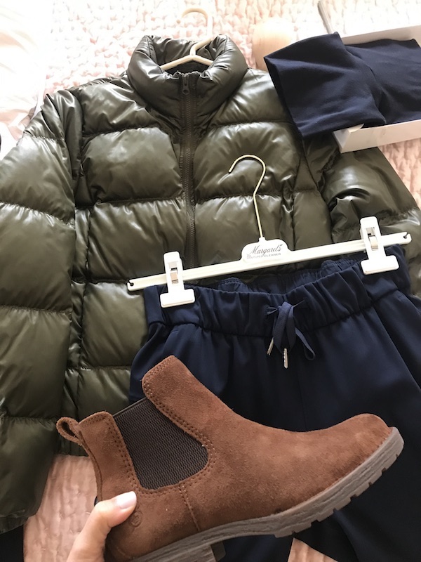J crew olive green puffer coat, Born brown boots, navy blue jogger pants, Wolford dark pullover