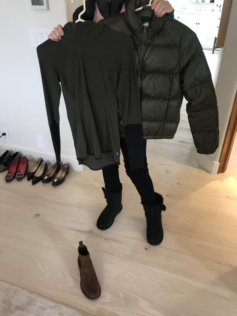 olive green long sleeve hooded shirt, J Crew olive green puffer coat, black leggings, black fur lined boots