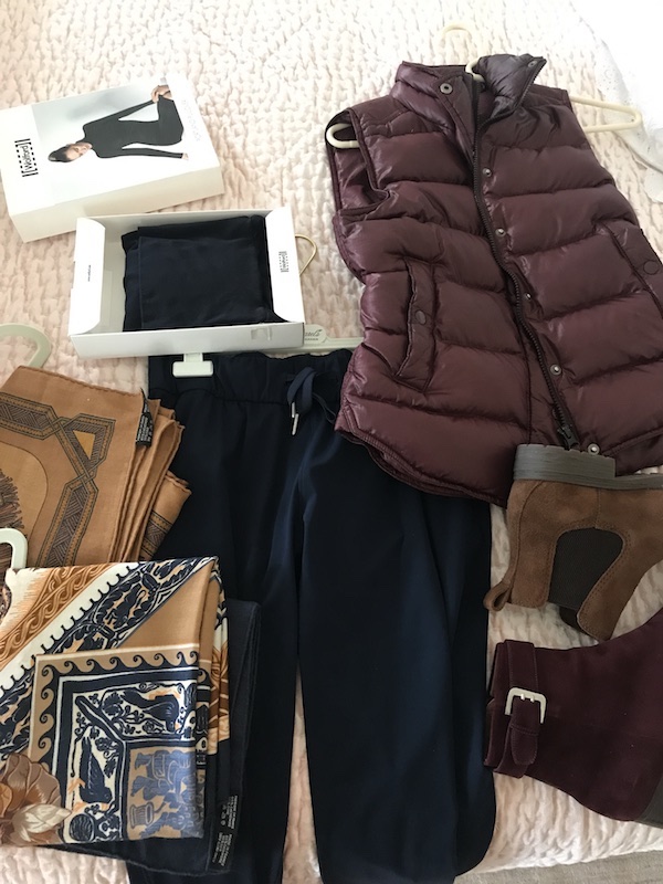 Wolford pullover, navy blue jogger pants, J crew burgundy puffer vest, Born brown boots, gravati burgundy wine boots, gold and black scarves