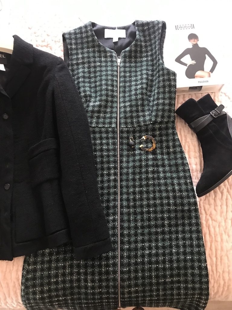 Boss green and black plaid zipper front dress, Chanel black coat, Via Spiga black boots, Wolford black pullover, tortoise shell hoops